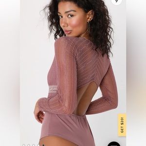 Casita Mauve Pink Sheer Lace Long Sleeve Bodysuit